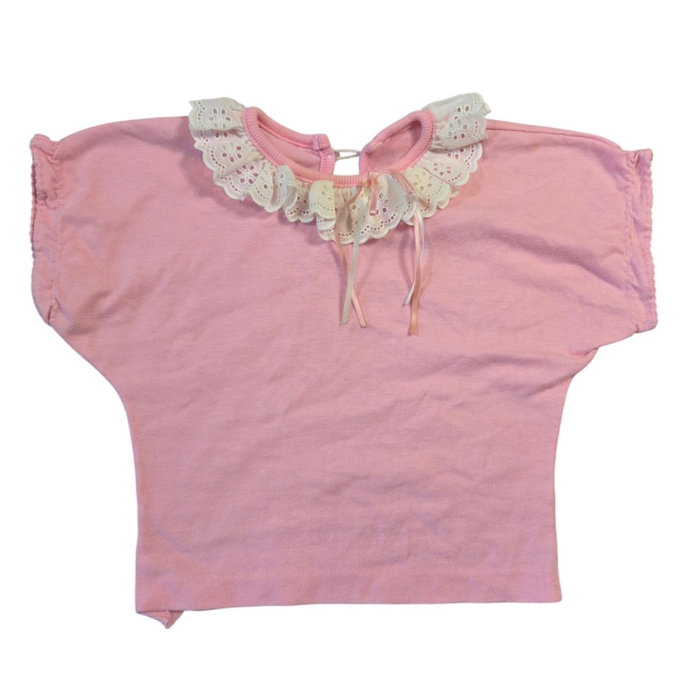 Vintage Buster Brown Pink Lace Collar Top 24 Months Made USA Eyelet Bow Ribbed